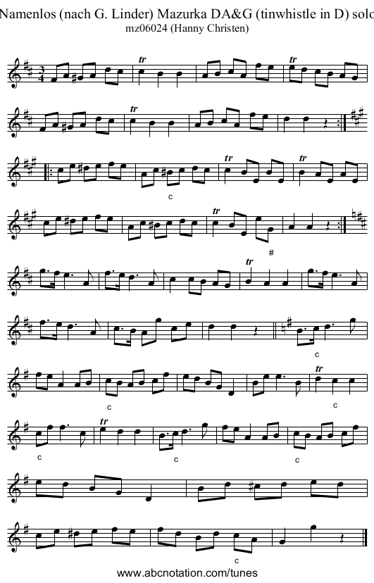 Namenlos (nach G. Linder) Mazurka DA&G (tinwhistle in D) solo - staff notation