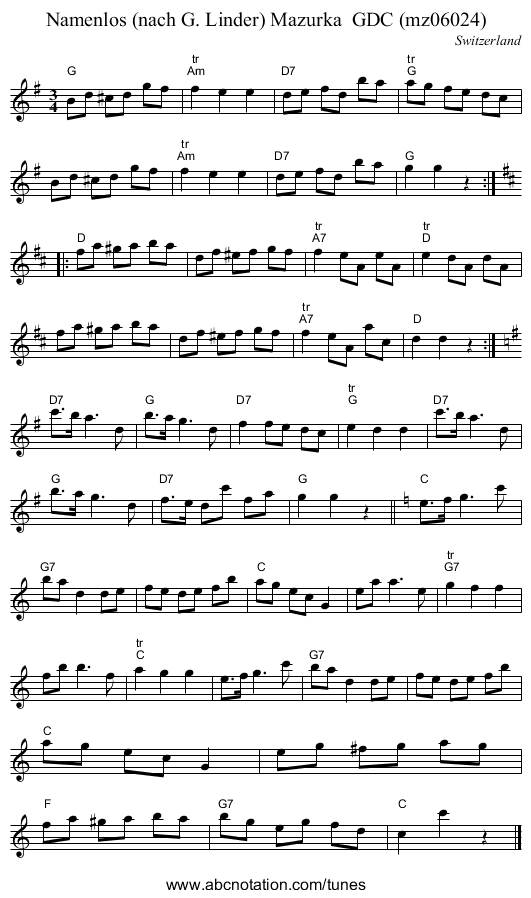 Namenlos (nach G. Linder) Mazurka  GDC (mz06024) - staff notation
