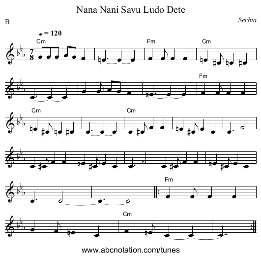 Nana Nani Savu Ludo Dete - staff notation