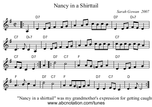 Nancy in a Shirttail - staff notation