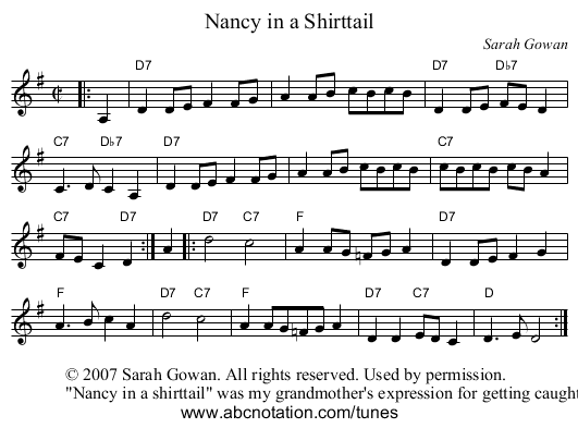Nancy in a Shirttail - staff notation