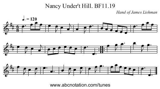 Nancy Under't Hill. BF11.19 - staff notation