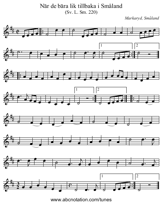 När de bära lik tillbaka i Småland - staff notation
