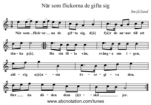 N&auml;r som flickorna de gifta sig - staff notation