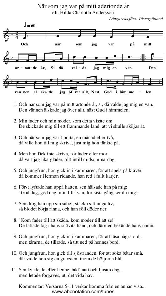 När som jag var på mitt adertonde år - staff notation