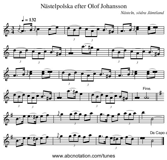 Nästelpolska efter Olof Johansson - staff notation