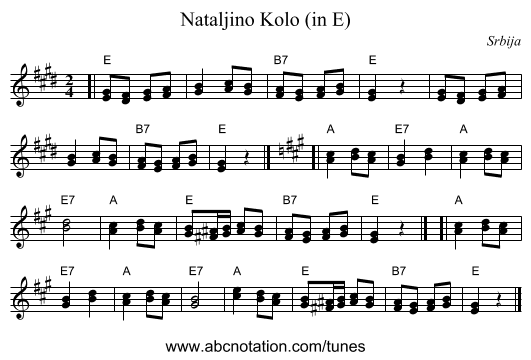 Nataljino Kolo (in E) - staff notation