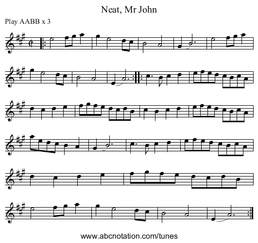 Neat, Mr John - staff notation