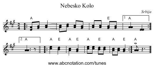 Nebesko Kolo - staff notation