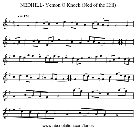 NEDHILL- Yemon O Knock (Ned of the Hill) - staff notation