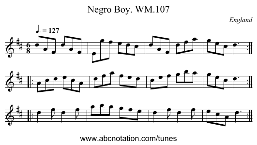 Negro Boy. WM.107 - staff notation