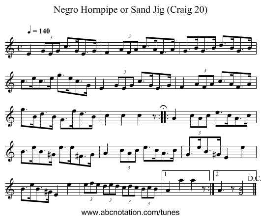 Negro Hornpipe or Sand Jig (Craig 20) - staff notation