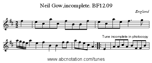 Neil Gow,incomplete. BF12.09 - staff notation