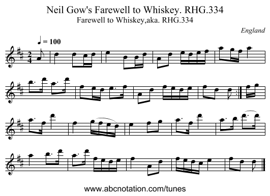Neil Gow's Farewell to Whiskey. RHG.334 - staff notation