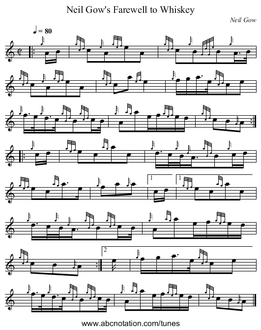 Neil Gow's Farewell to Whiskey - staff notation