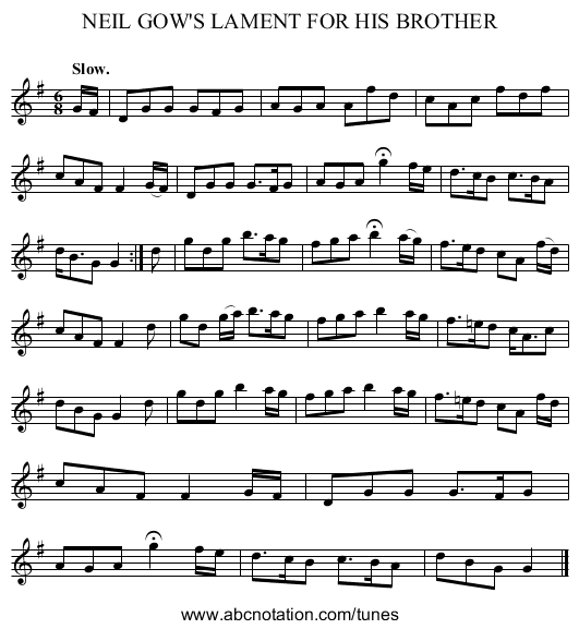 NEIL GOW'S LAMENT FOR HIS BROTHER - staff notation