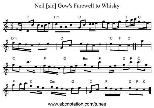 Neil [sic] Gow's Farewell to Whisky - staff notation
