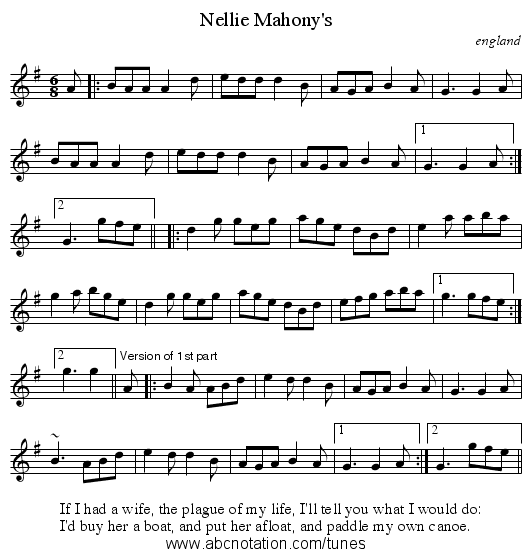 Nellie Mahony's - staff notation