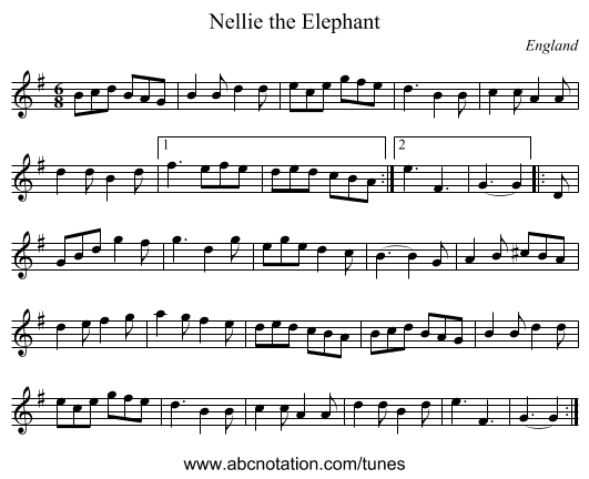 Nellie the Elephant - staff notation