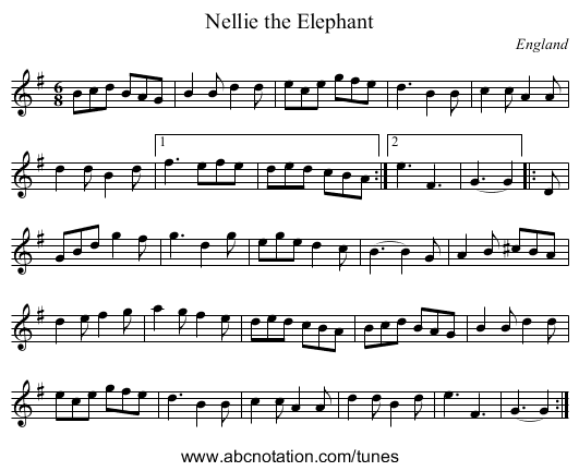 Nellie the Elephant - staff notation