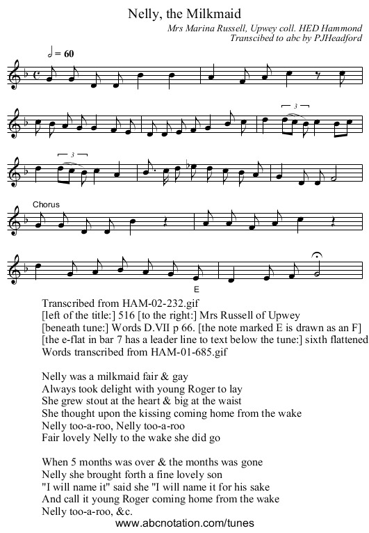 Nelly, the Milkmaid - staff notation