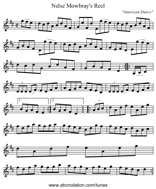 Nelse Mowbray's Reel - staff notation