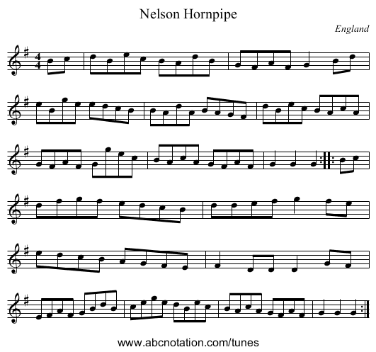 Nelson Hornpipe - staff notation