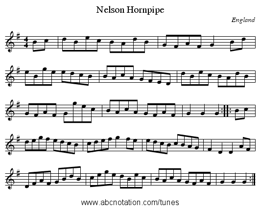 Nelson Hornpipe - staff notation