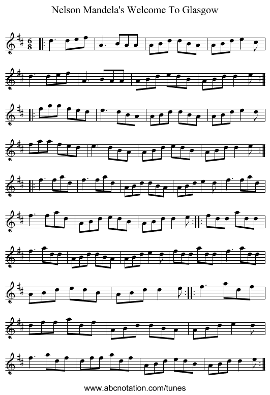 Nelson Mandela's Welcome To Glasgow - staff notation