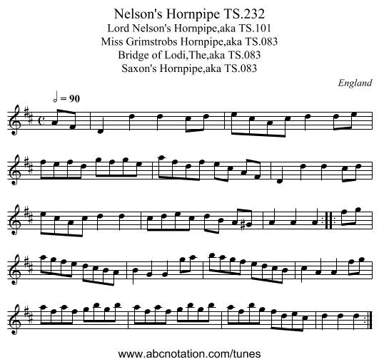 Nelson's Hornpipe TS.232 - staff notation