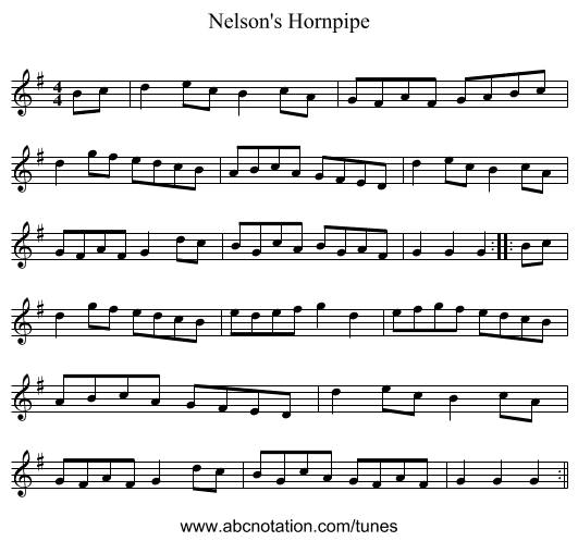 Nelson's Hornpipe - staff notation