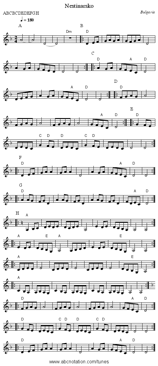 Nestinarsko - staff notation