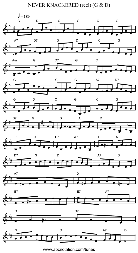 NEVER KNACKERED (reel) (G & D) - staff notation