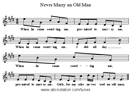 Never Marry an Old Man - staff notation