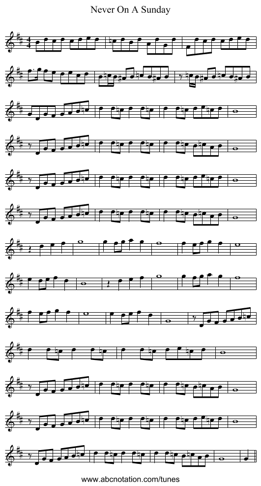 Never On A Sunday - staff notation