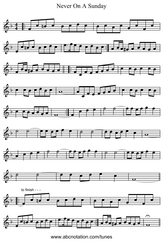 Never On A Sunday - staff notation