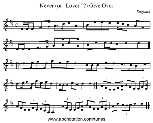 Never (or Lover ?) Give Over - staff notation