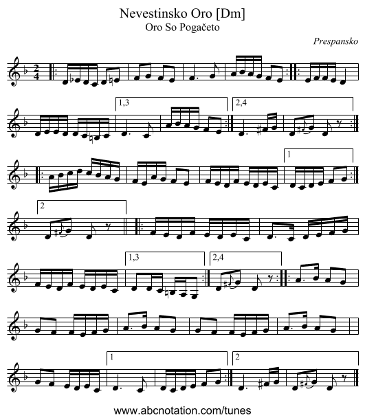 Nevestinsko Oro [Dm] - staff notation