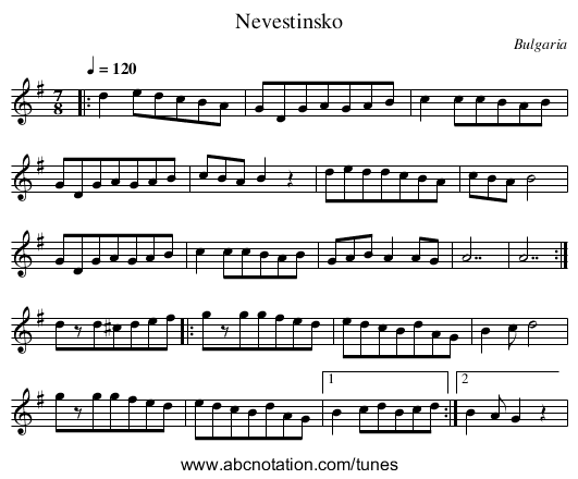Nevestinsko - staff notation
