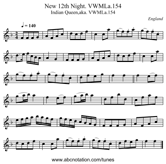 New 12th Night. VWMLa.154 - staff notation