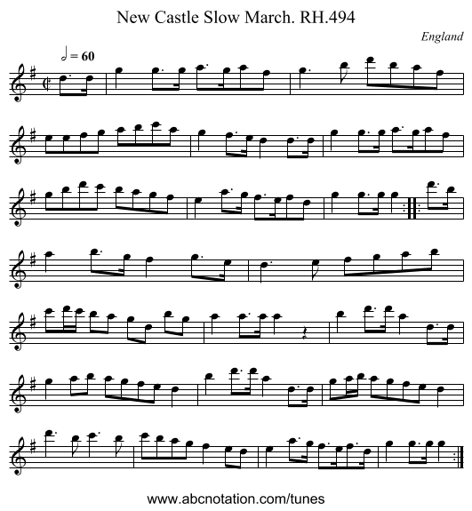 New Castle Slow March. RH.494 - staff notation