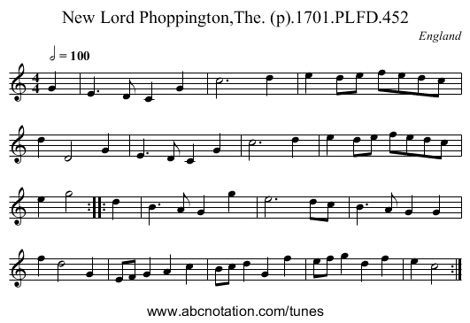 New Lord Phoppington,The. (p).1701.PLFD.452 - staff notation