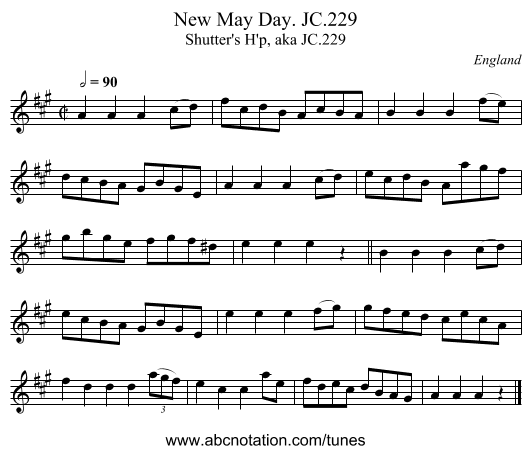 New May Day. JC.229 - staff notation