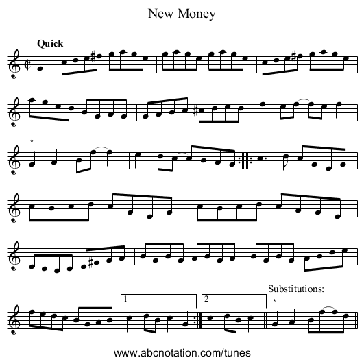 New Money - staff notation