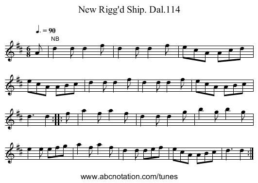 New Rigg'd Ship. Dal.114 - staff notation