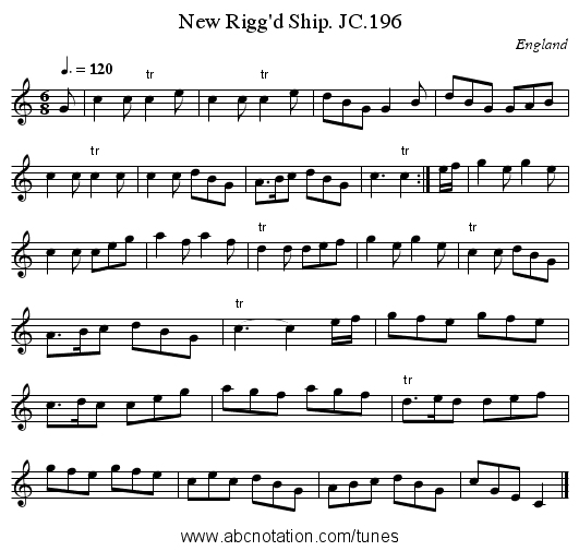 New Rigg'd Ship. JC.196 - staff notation