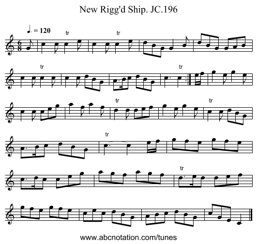 New Rigg'd Ship. JC.196 - staff notation