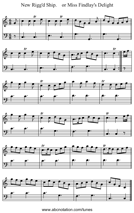 New Rigg'd Ship. or Miss Findlay's Delight - staff notation