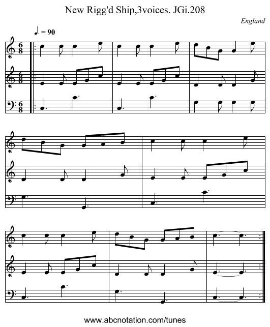 New Rigg'd Ship,3voices. JGi.208 - staff notation