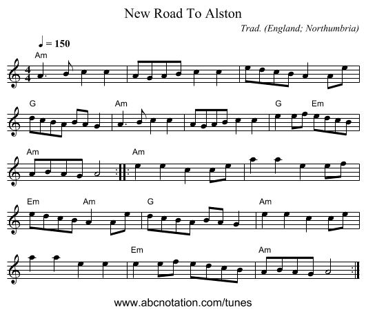 New Road To Alston - staff notation